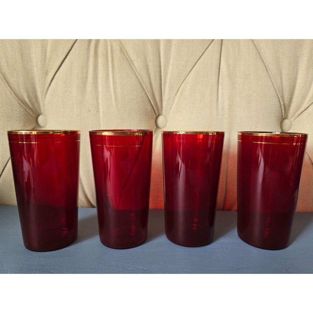 Vintage Ruby Red‎ Tumblers Gold Rim Set of 4 Mid Century Style